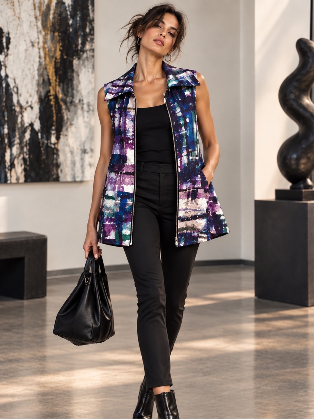 Shana Art to Wear Long Tunic Vest Abstract Crinkle Zip Front Lagenlook Boho